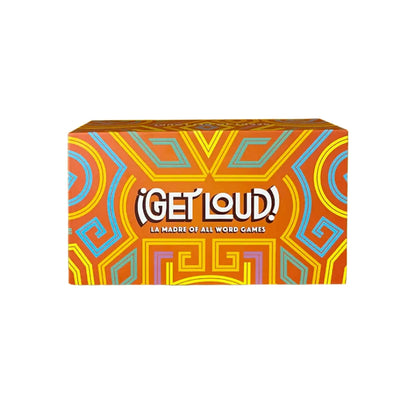 ¡Get Loud! game box featuring bold, colorful geometric patterns on an orange background and the tagline "La Madre of All Word Games" prominently displayed in white text.