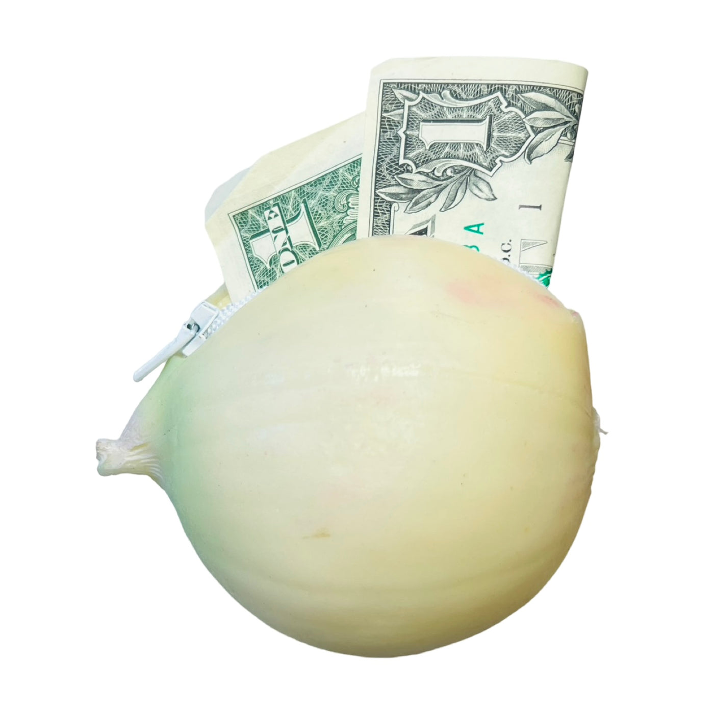 white onion shaped rubber coin pouch with a dollar