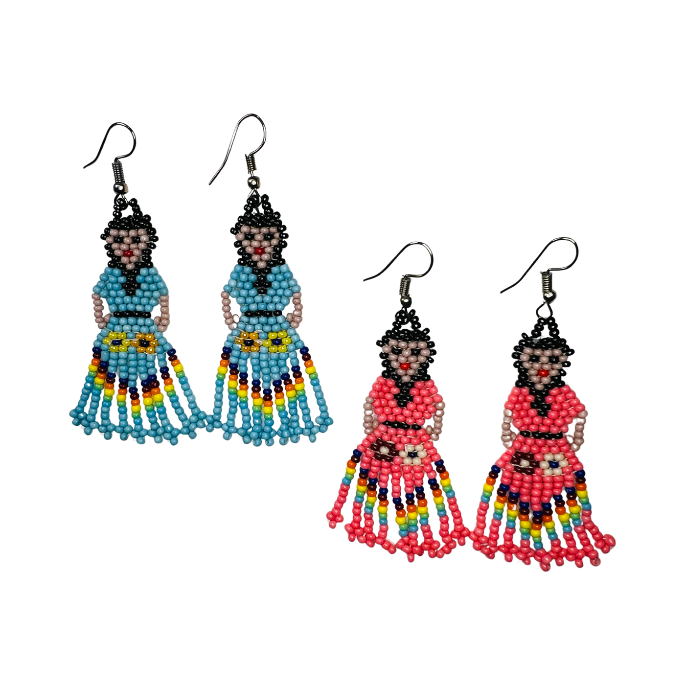 2 sets of seed bead earrings of women in pink and blue outfits.