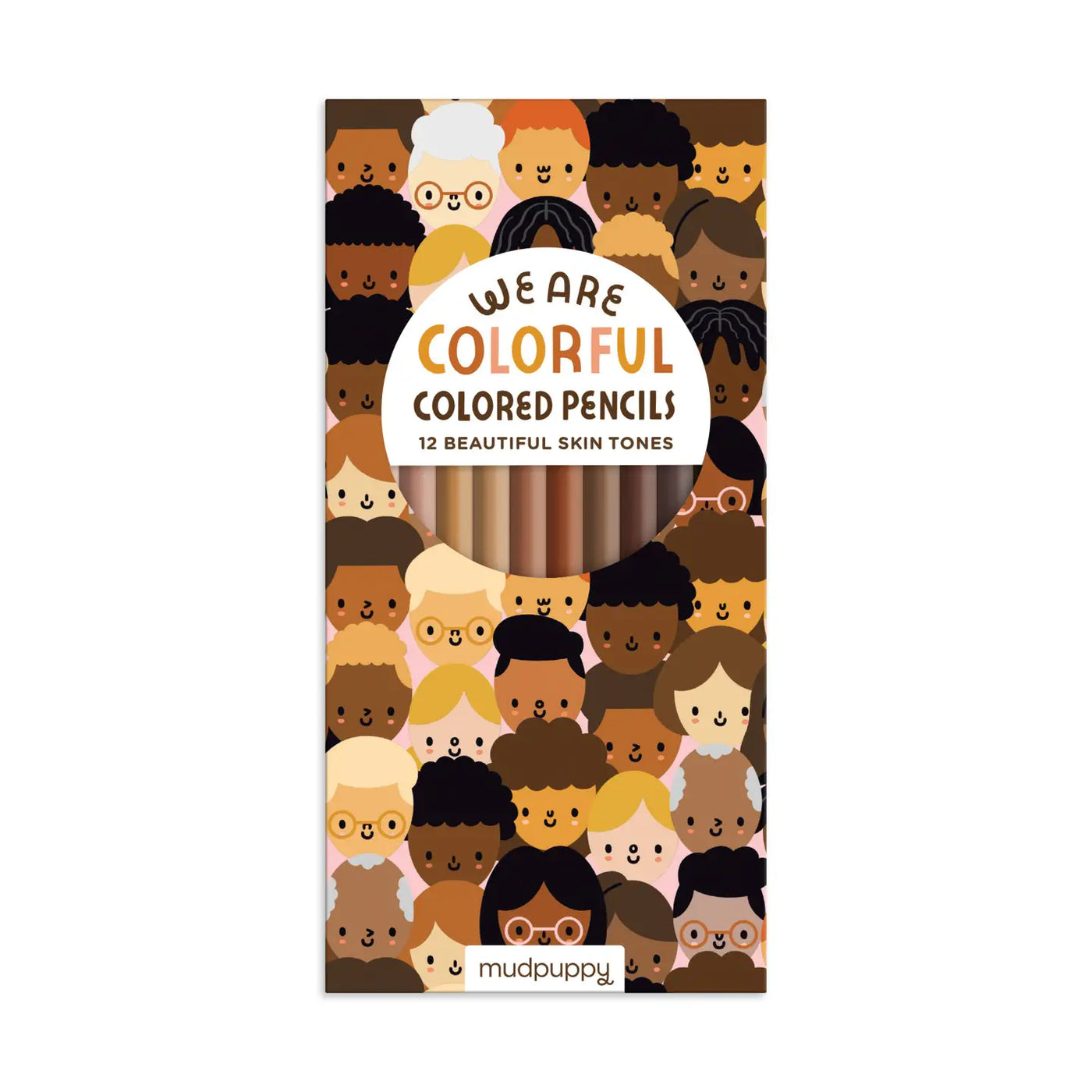 This image features the packaging for "We Are Colorful" colored pencils by Mudpuppy, highlighting 12 skin-tone shades in the set. The box design features an inclusive and diverse illustration of various people, emphasizing the celebration of different skin tones and cultures. It’s a vibrant and thoughtful design that promotes inclusivity in art supplies.