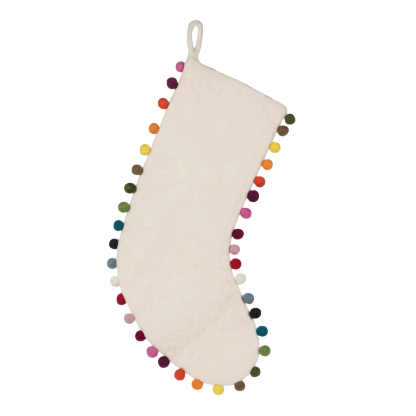 Cream-colored felt holiday stocking bordered with colorful felt pom-poms along the edges, featuring a loop for hanging.