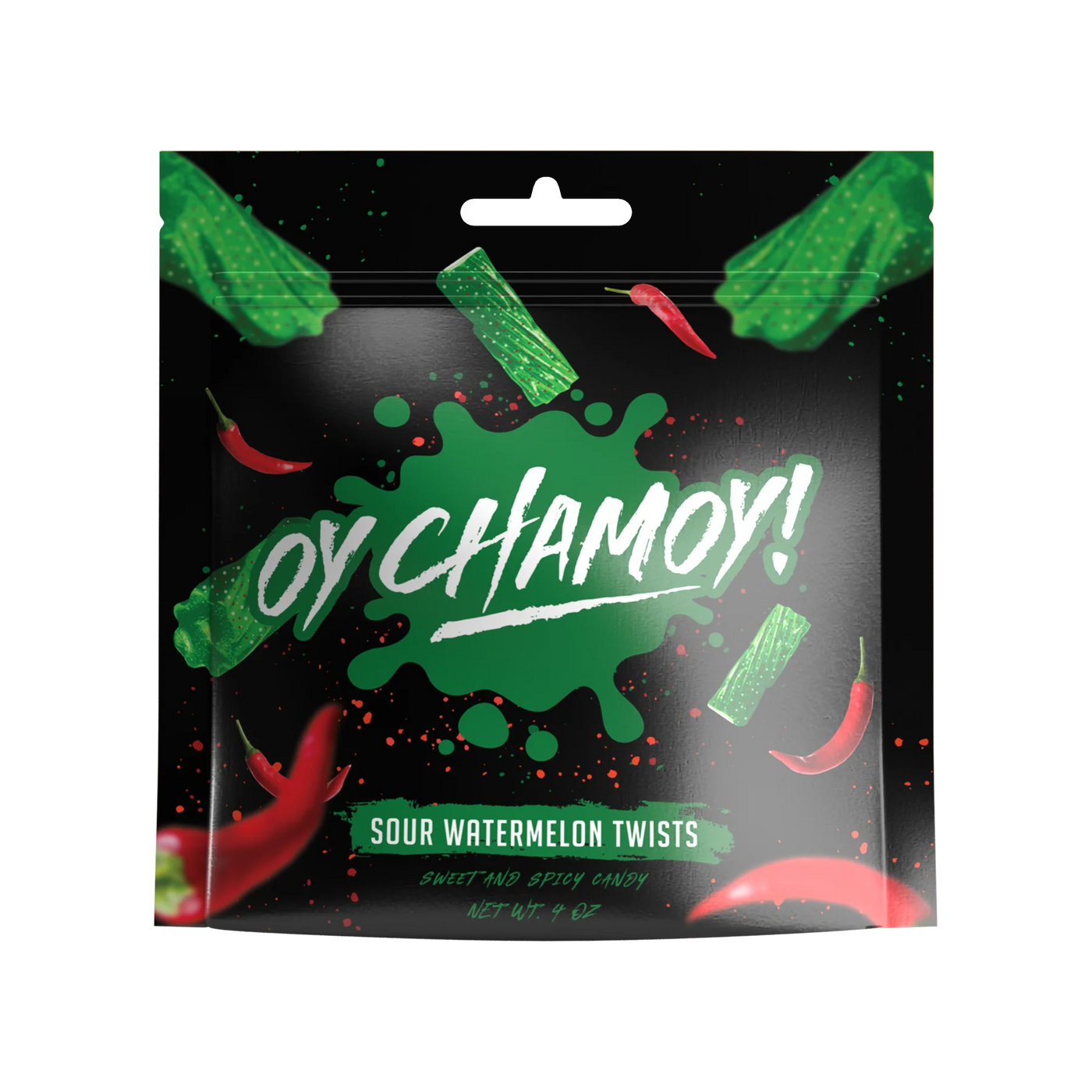 black 4 oz bag of oy chamoy sour watermelon twists featuring green pieces of candy and red chili pepper.