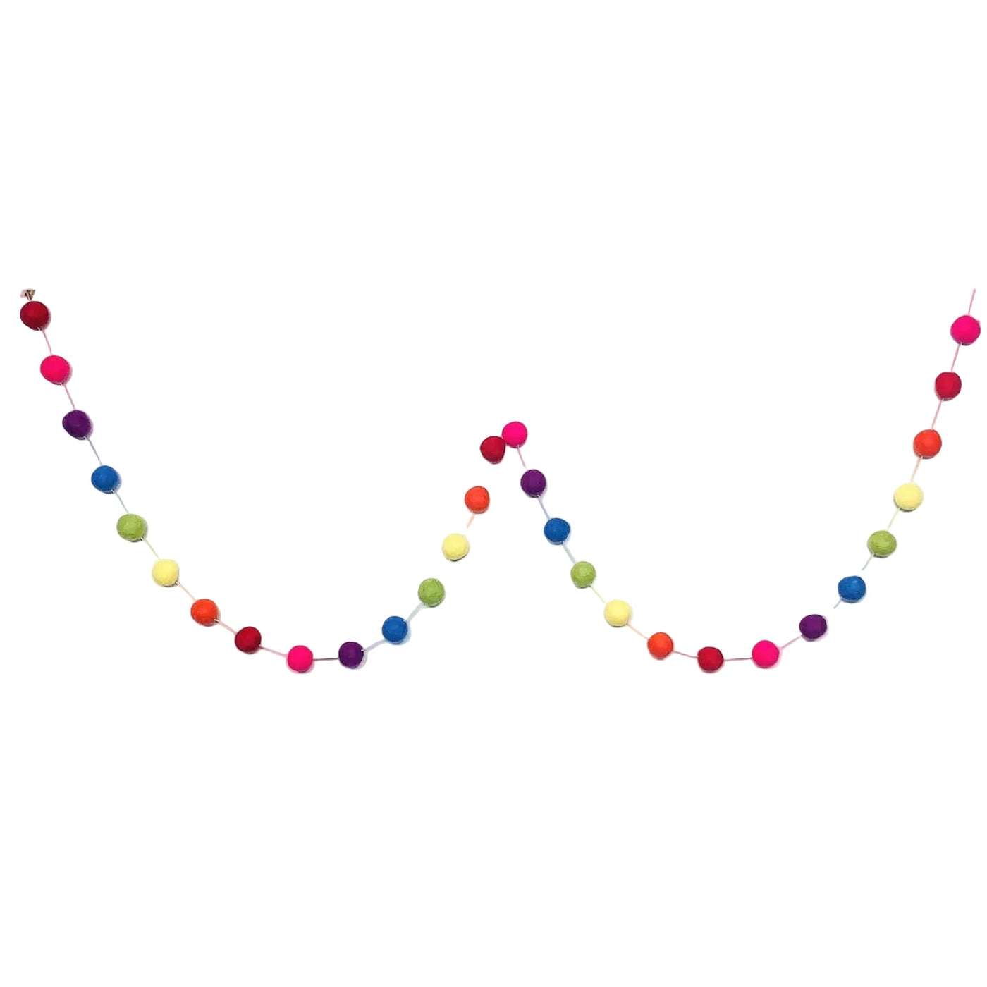 A string of colorful felt pom poms in rainbow hues arranged as a hanging garland against a white background.