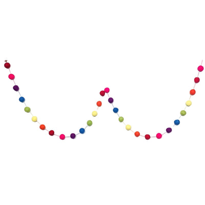 A string of colorful felt pom poms in rainbow hues arranged as a hanging garland against a white background.