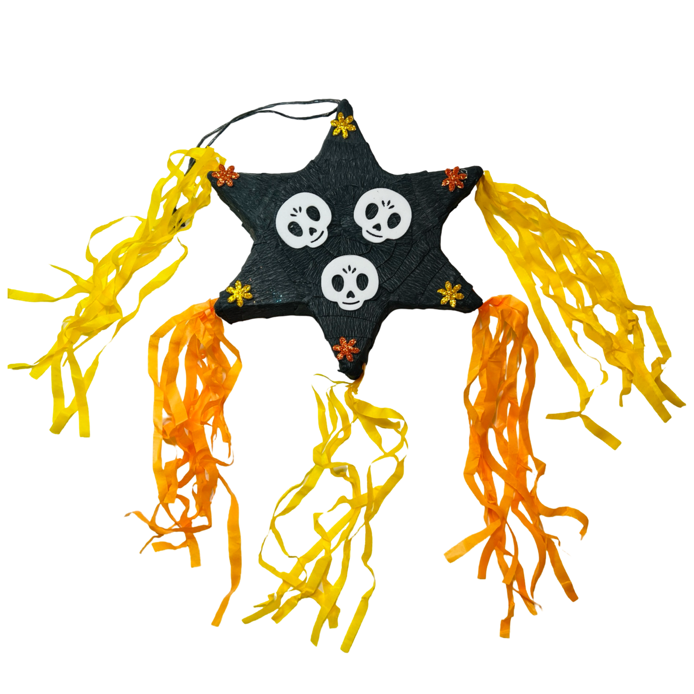 black star Piñata with yellow & orange tassels featuring three skulls in the center