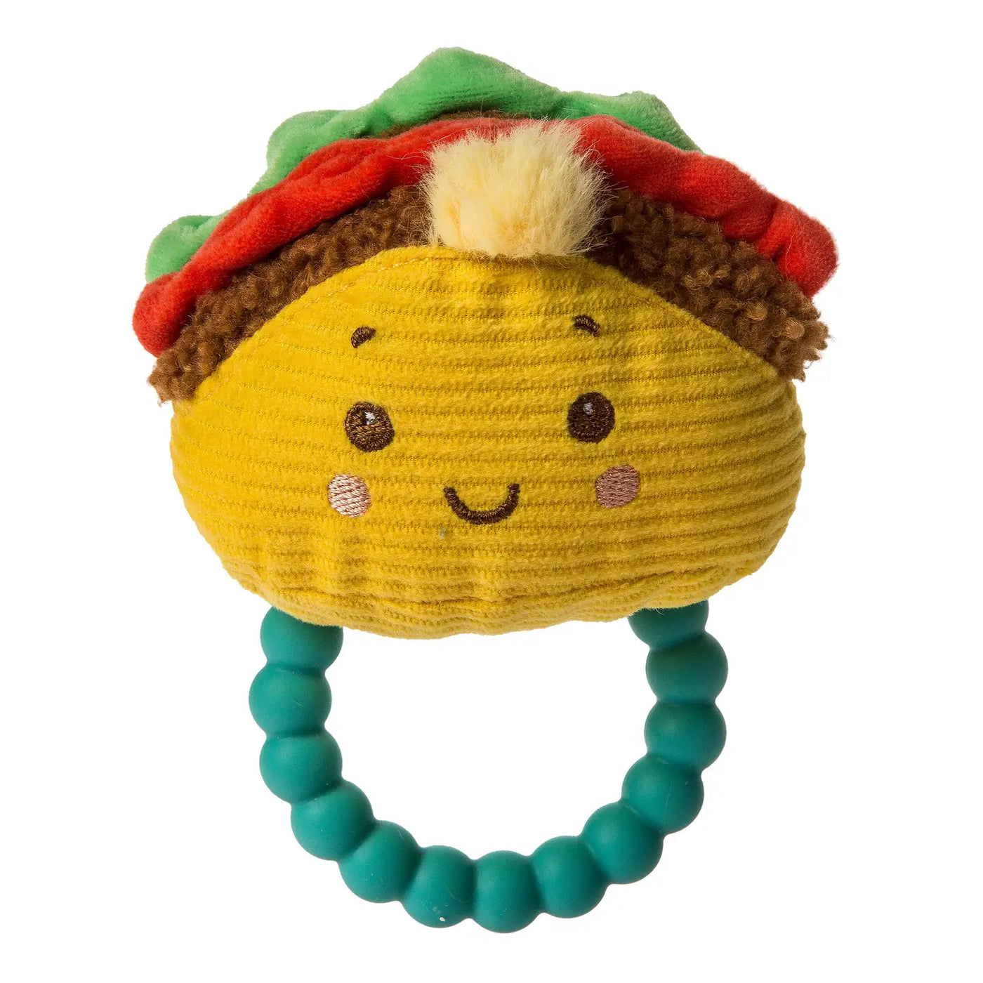 A colorful and playful baby toy shaped like a smiling taco. The taco features soft fabric with embroidered eyes and rosy cheeks, lettuce, tomato, and cheese toppings. It has a teal, textured teething ring attached, designed for babies to grasp and soothe their gums.