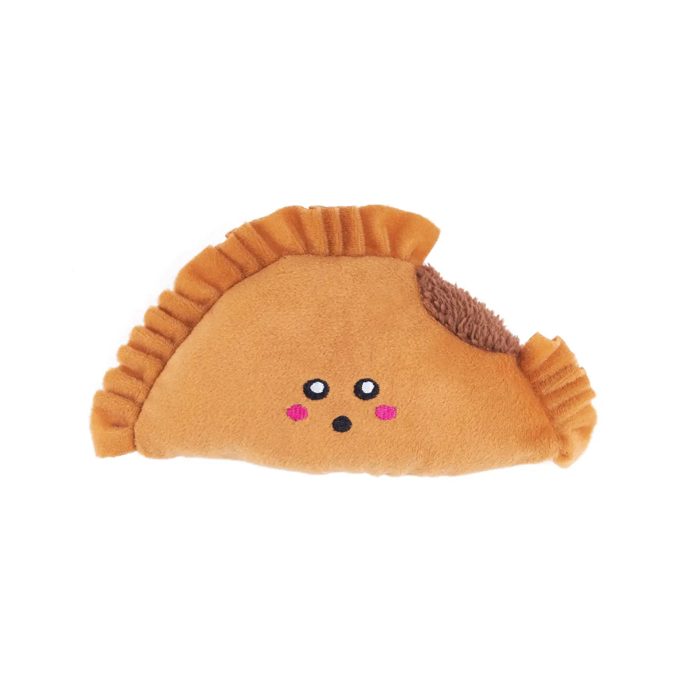 brown empanada shaped dog toy with a smile.