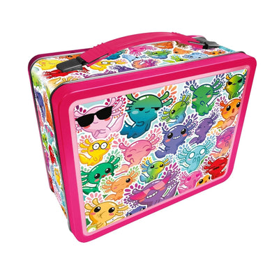 Pink tin box covered in colorful cartoon axolotls, featuring a bright pink handle and border.