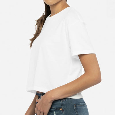 image of a women's torso wearing a white croptop