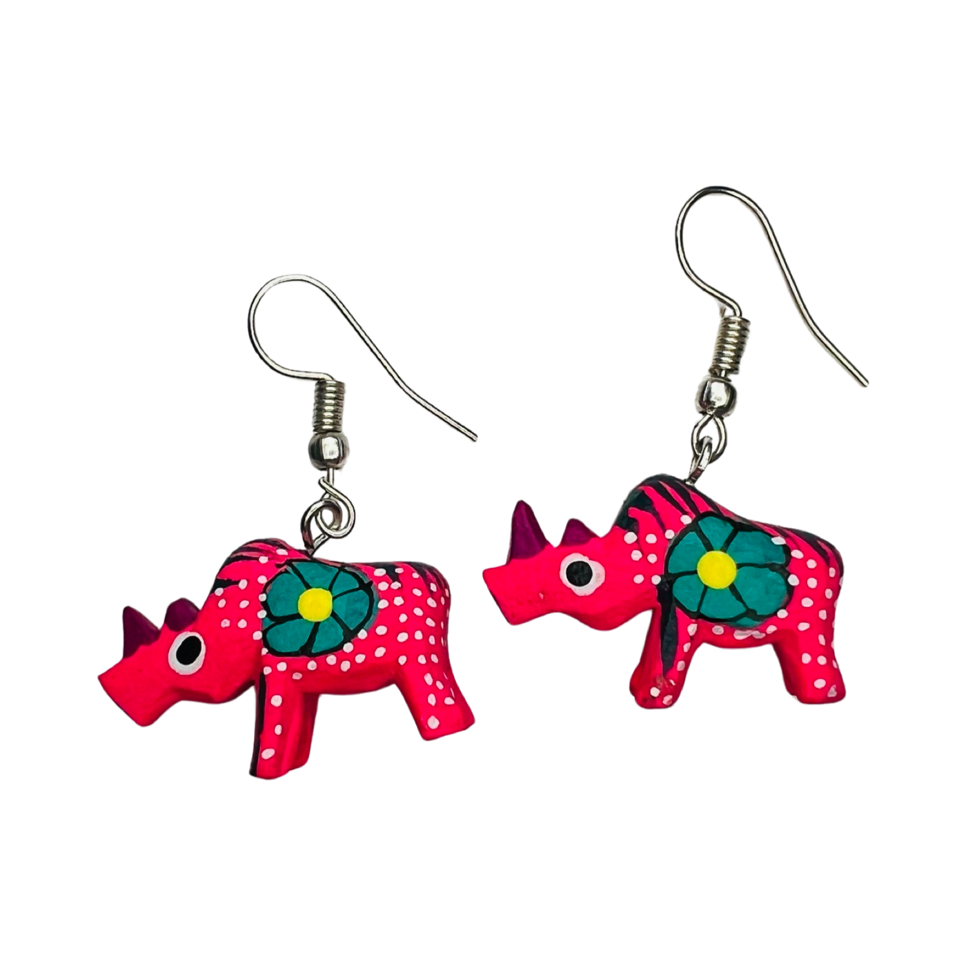set of colorful rhino alebrije earrings