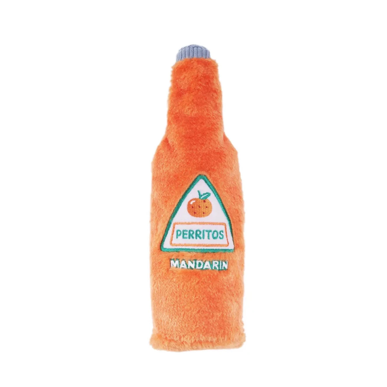 orange bottle shaped dog toy with the word Perritos and Mandarin.