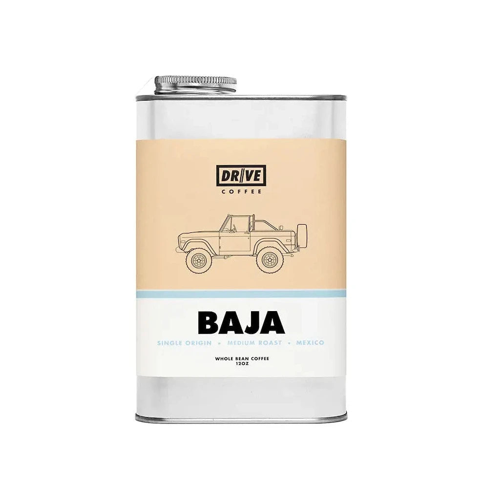 white tin can with a beige and white branded label that features an image of a jeep along with the coffee name and brand in black lettering.