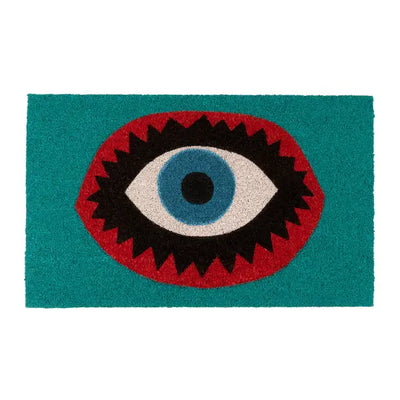 teal green doormat with a big red, black and blue eye in the center.