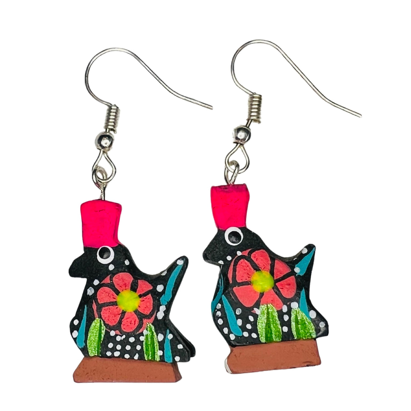 set of colorful quail alebrije earrings