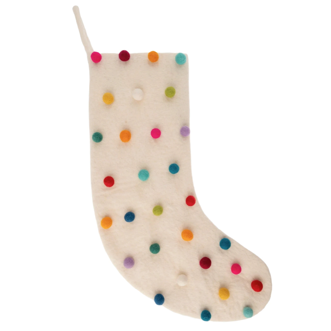 Cream-colored felt holiday stocking decorated with colorful felt pom-poms in various vibrant hues, featuring a loop for easy hanging.