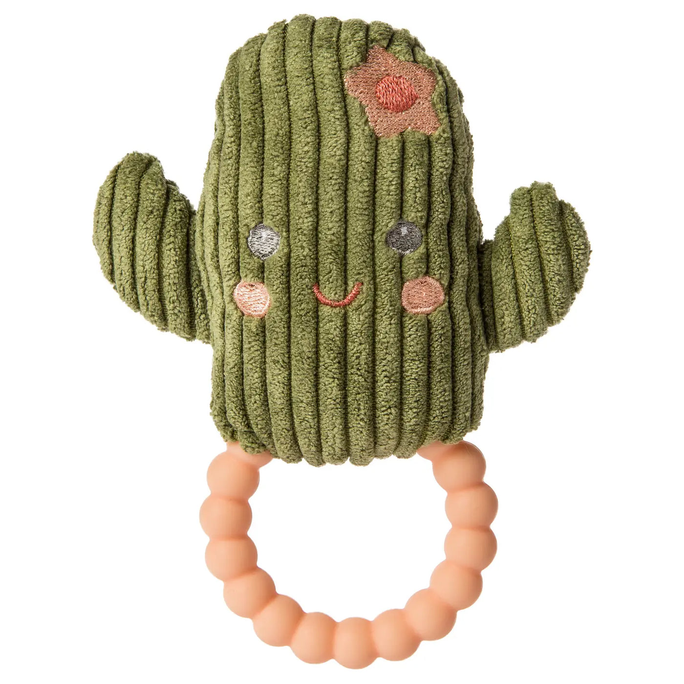 A plush green cactus-shaped baby teether and rattle with soft ribbed fabric, embroidered facial details, and a pink flower accent. The bottom features a round, beaded-texture silicone teething ring in a peachy color, designed for soothing gums.