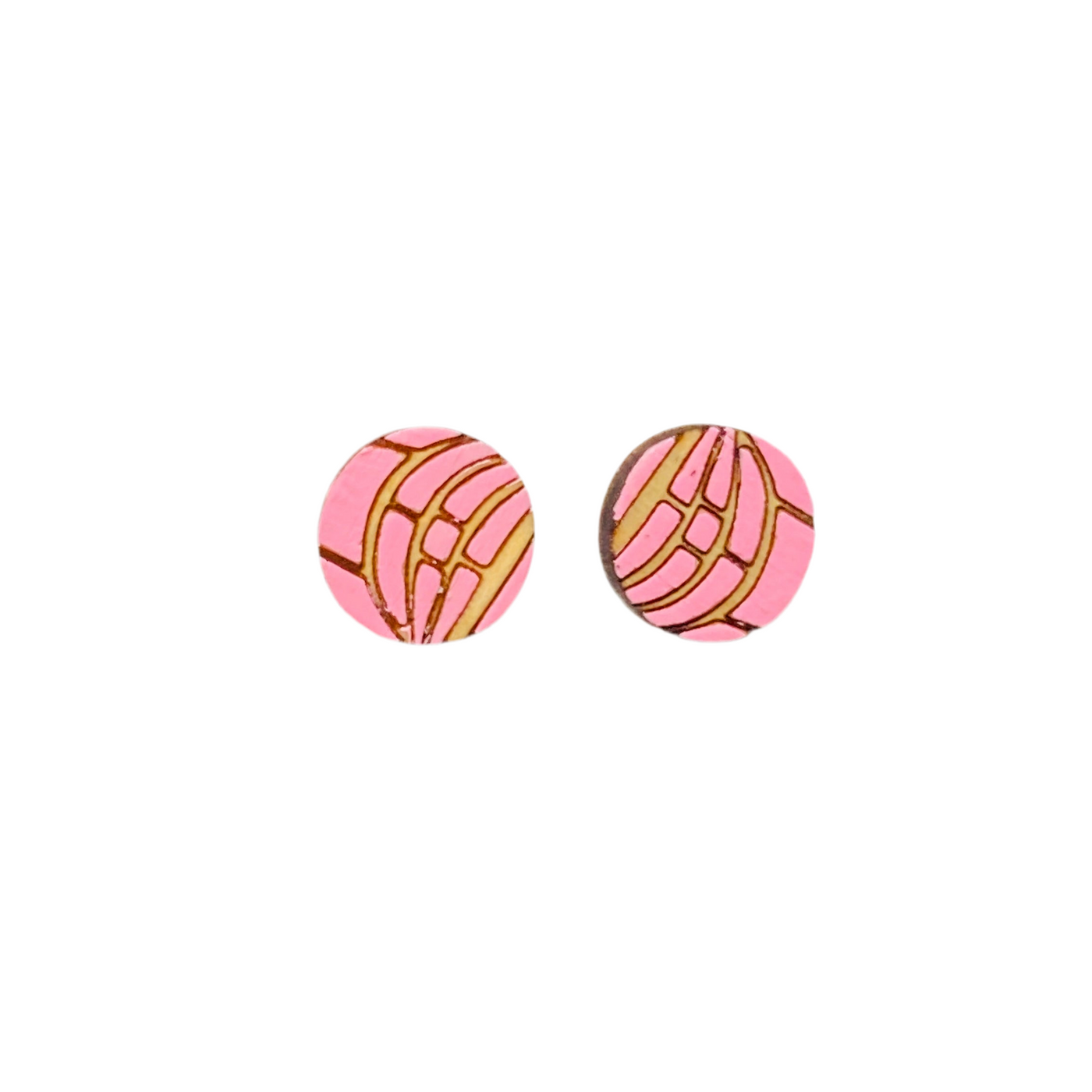 Pink concha wood stud earrings.