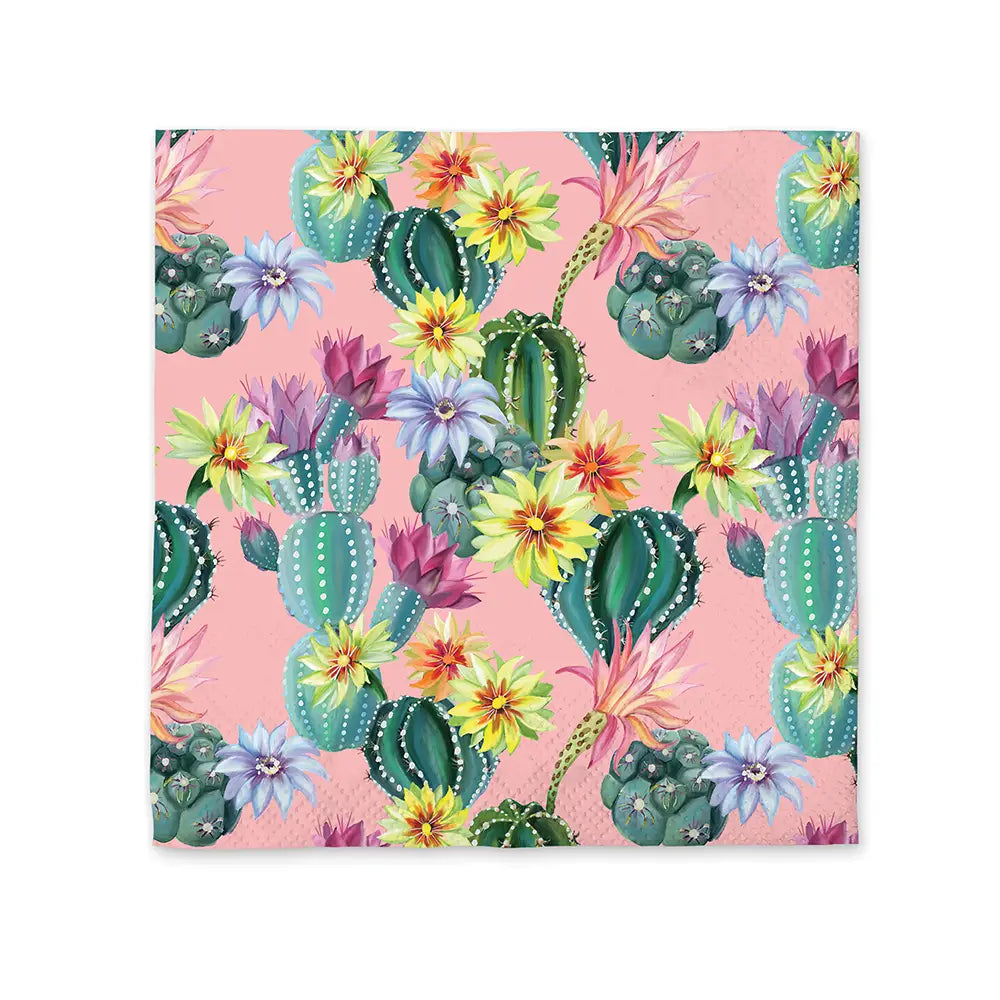 Pink paper napkin with a green cactus with floral  blooms