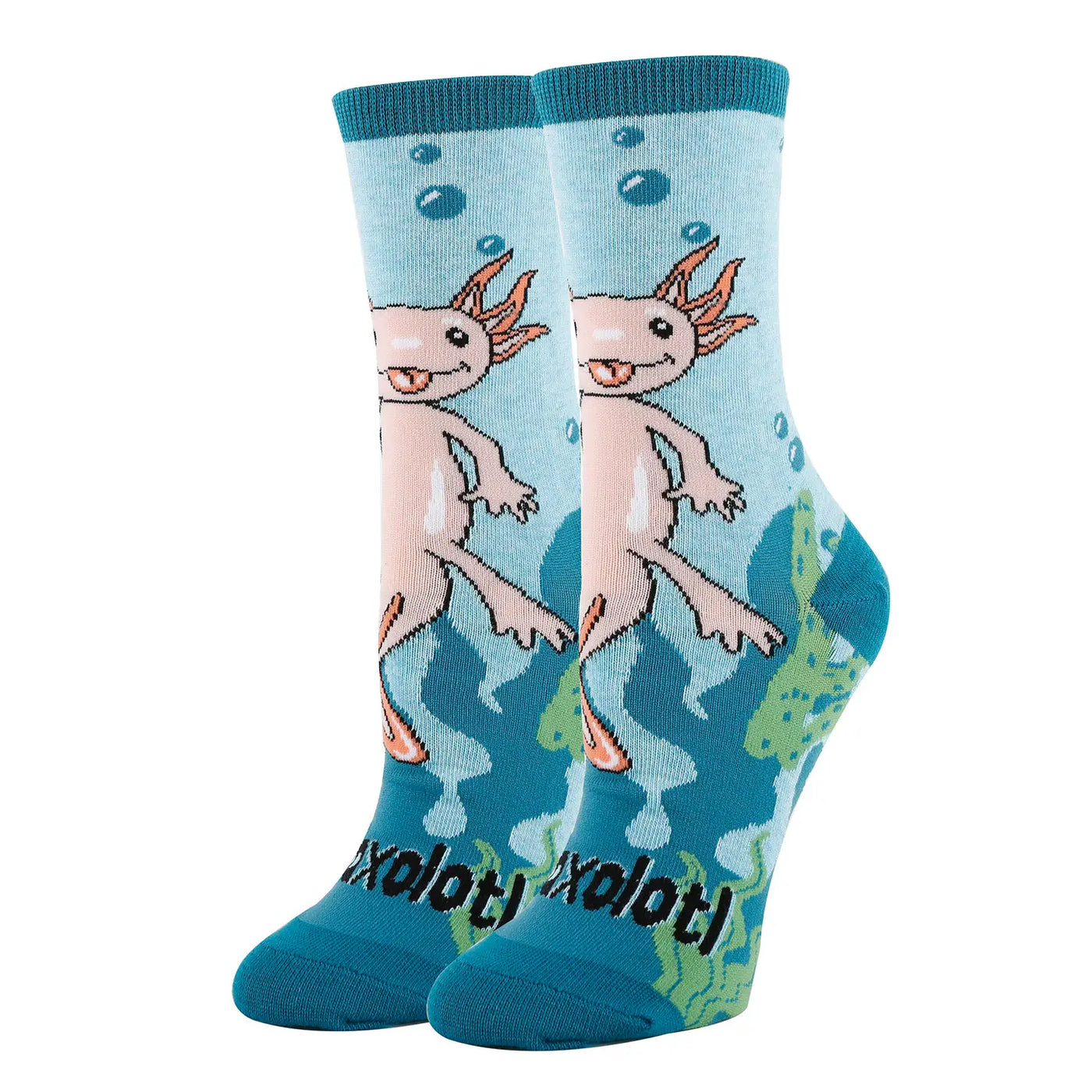 A pair of turquoise socks featuring pink axolotl illustrations, bubbles, and green aquatic plants, with the word "axolotl" written near the toes. 