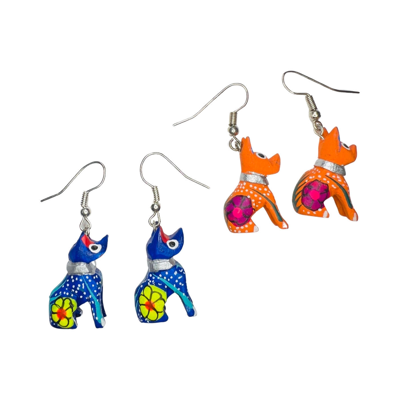 2 sets of handpainted earrings of colorful alebrije dogs; one orange and one blue