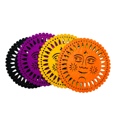 set of 4 round multicolored felt papel picado inspired coasters that feature a sun design