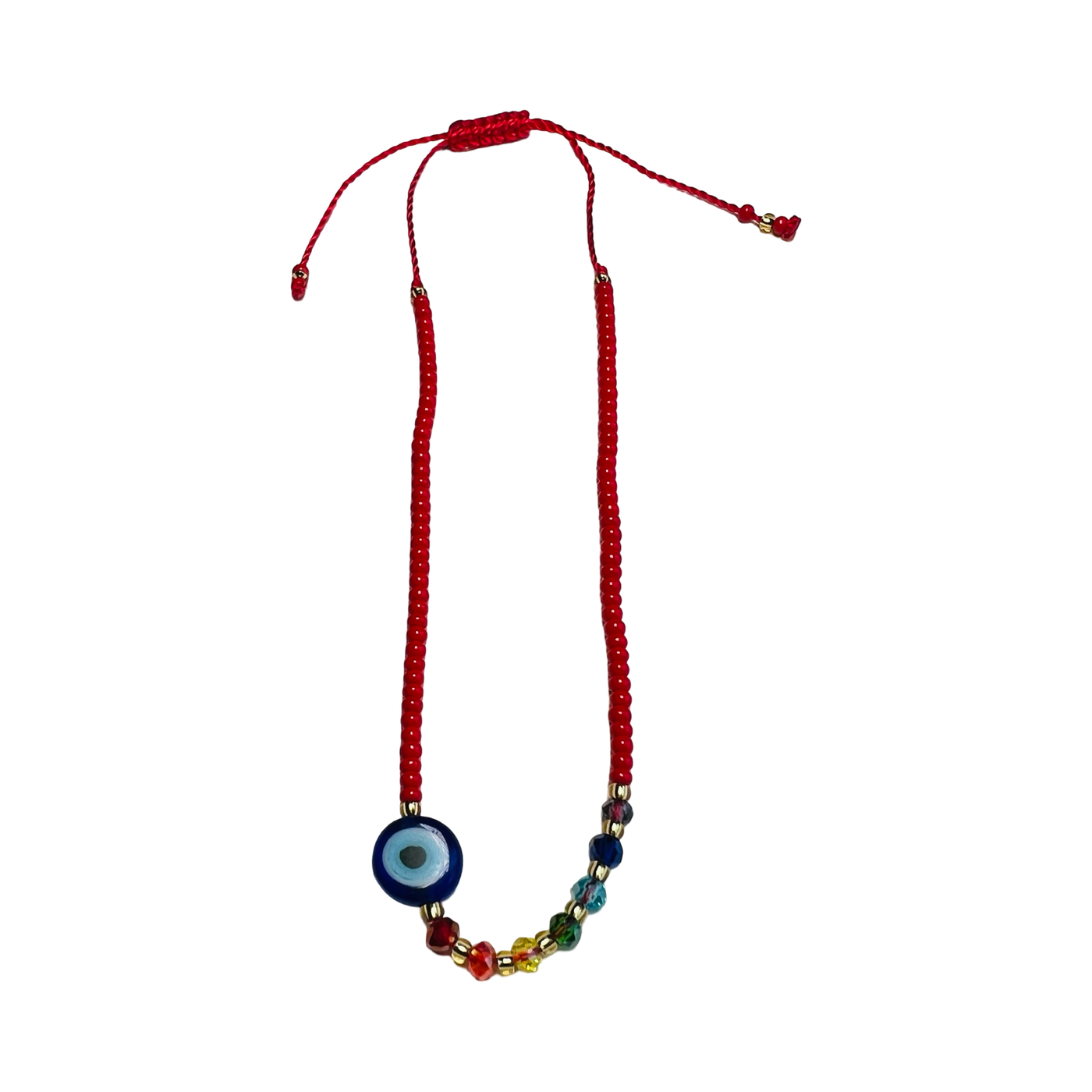 red beaded evil eye bracelet featuring colorful glass beads and an evil eye charm