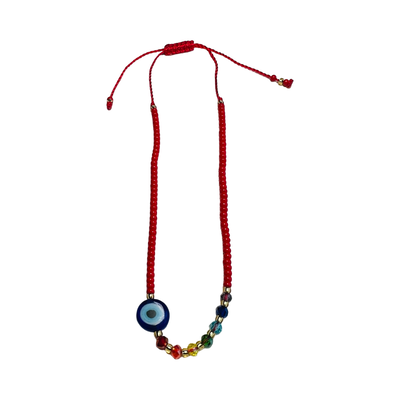 red beaded evil eye bracelet featuring colorful glass beads and an evil eye charm