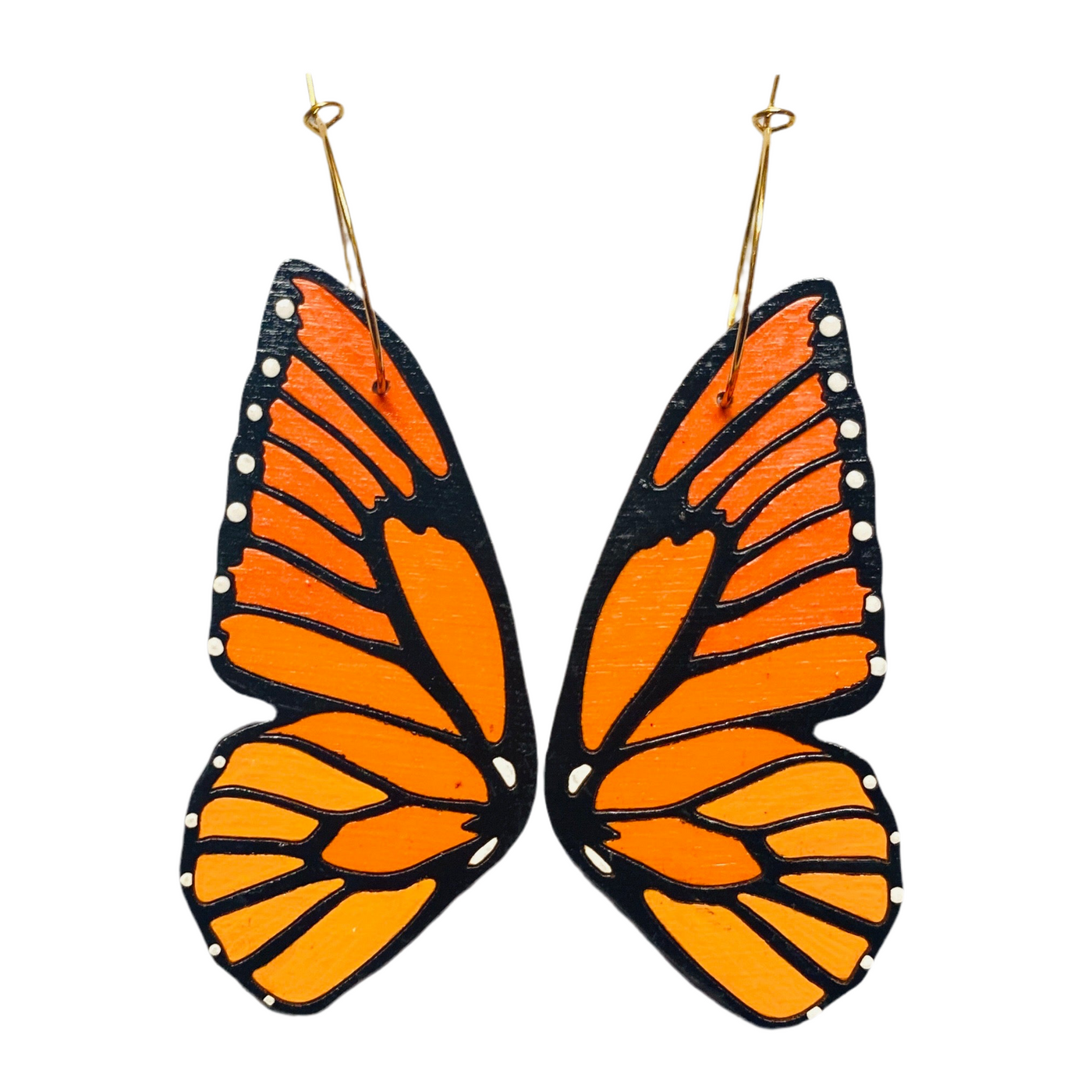 Monarch butterfly wood hoop earrings.