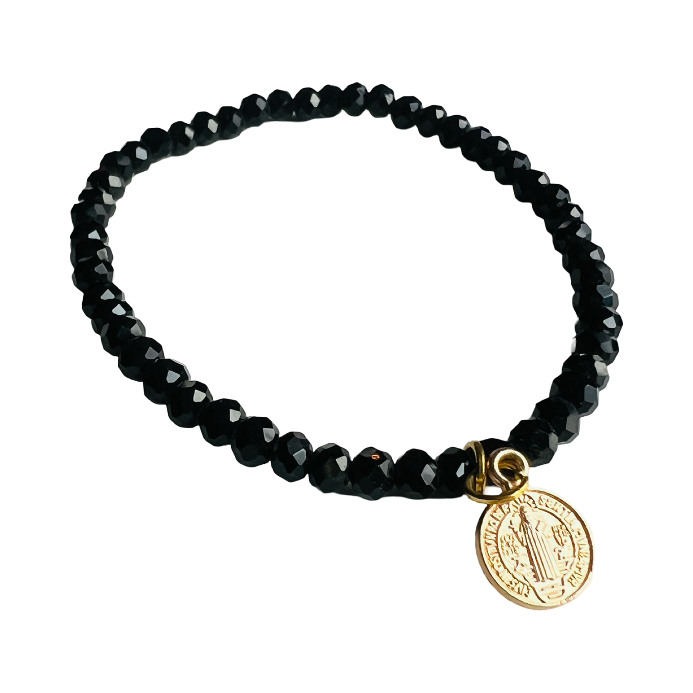 Black bead bracelet with a gold charm