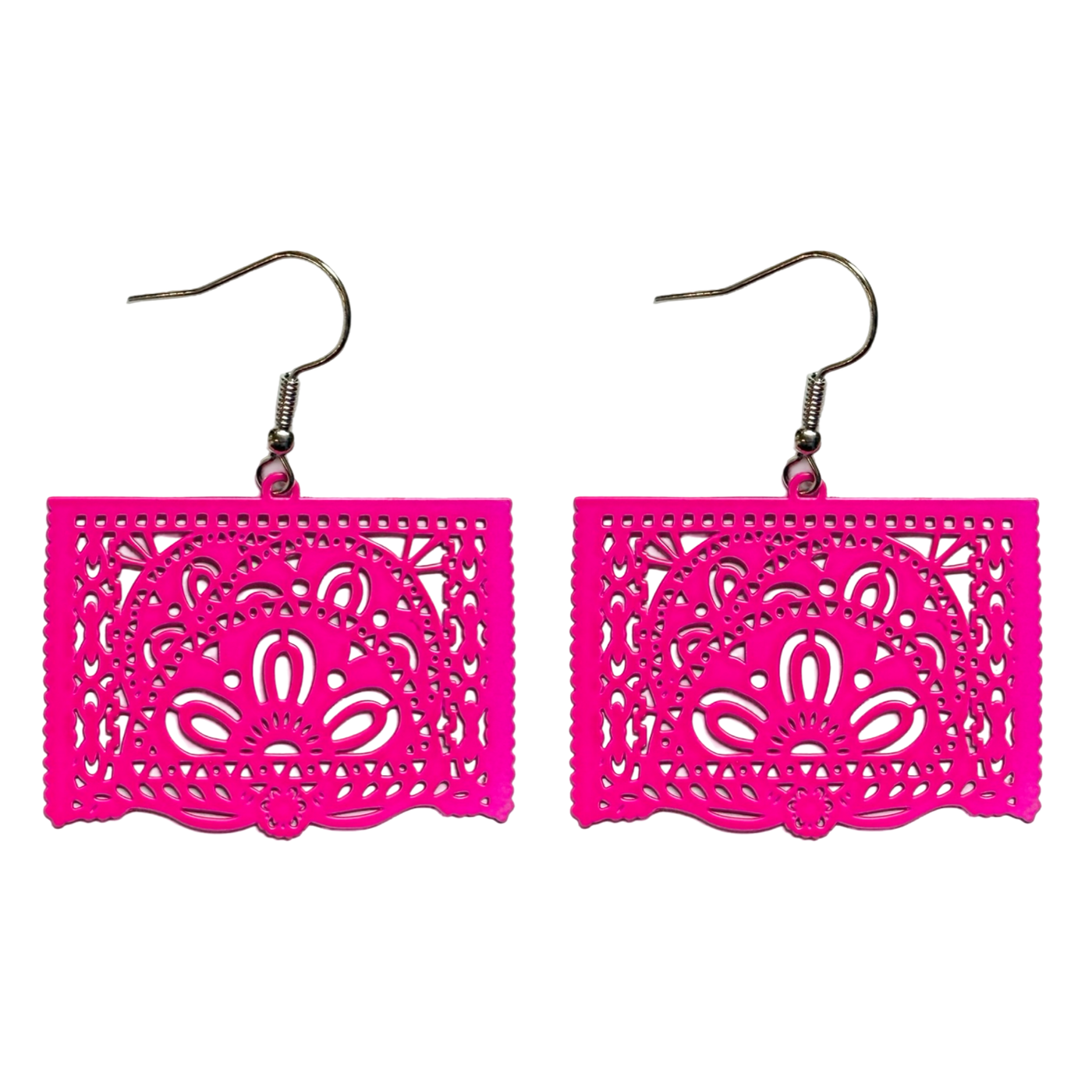pink earrings designed to resemble papel picado with floral cutout patterns.