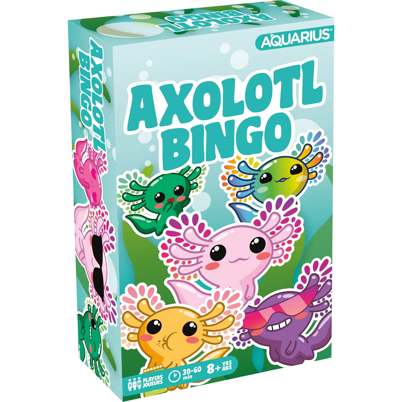 Box of Axolotl Family Bingo featuring cute, colorful cartoon axolotls on the front cover.