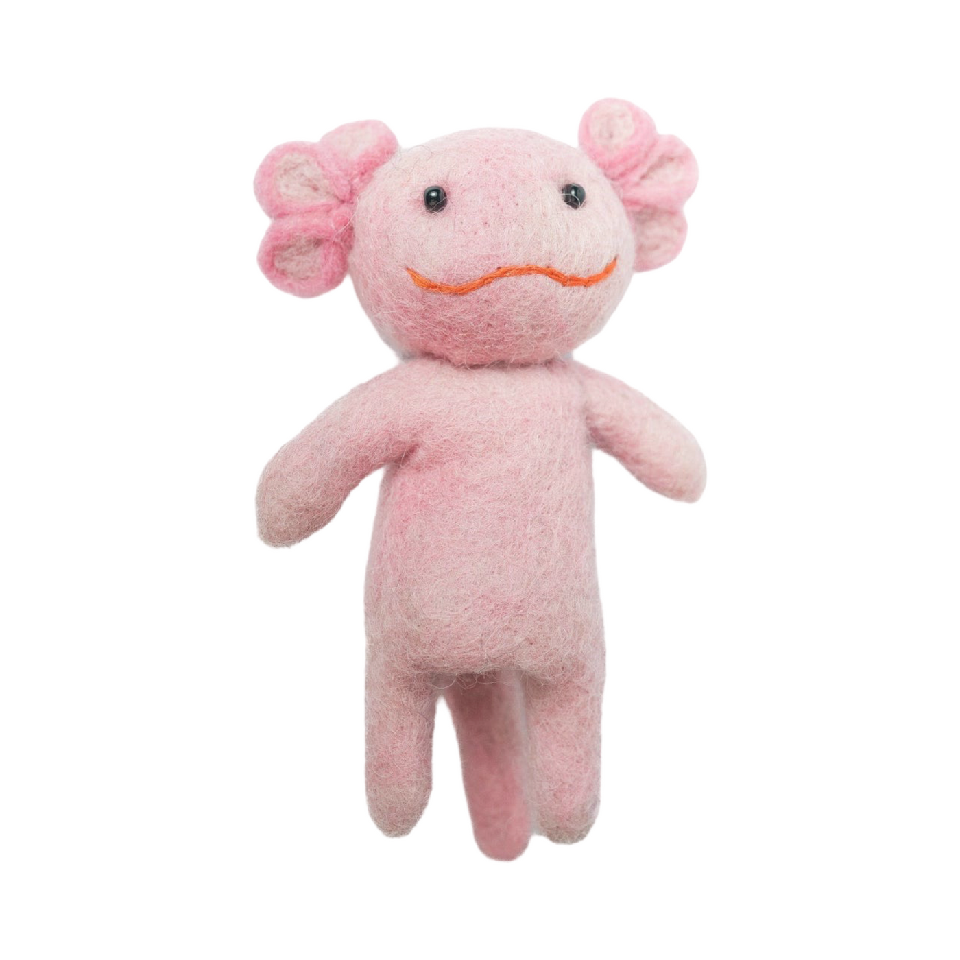 Handmade pink felt axolotl finger puppet with embroidered smile, black bead eyes, and frilly side gills.