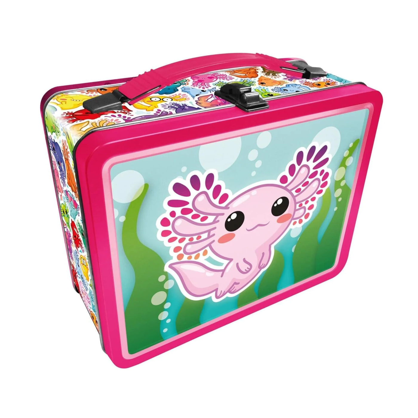 Pink tin box with a smiling pink axolotl on one side, surrounded by underwater plants and bubbles.