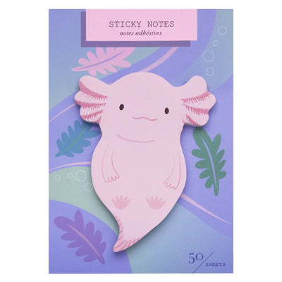 Pack of die-cut pink axolotl sticky notes on a purple aquatic-themed backing card labeled “Sticky Notes — 50 sheets.”