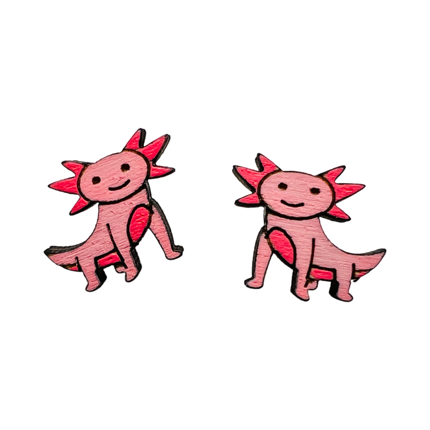 set of pink wooden axolotl stud earrings