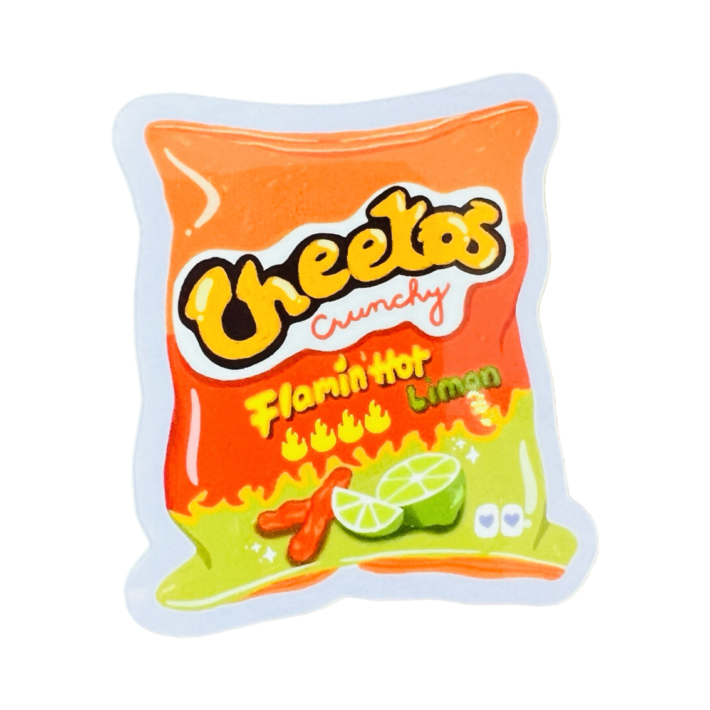 sticker of a bag of flamin hot limon cheetos.