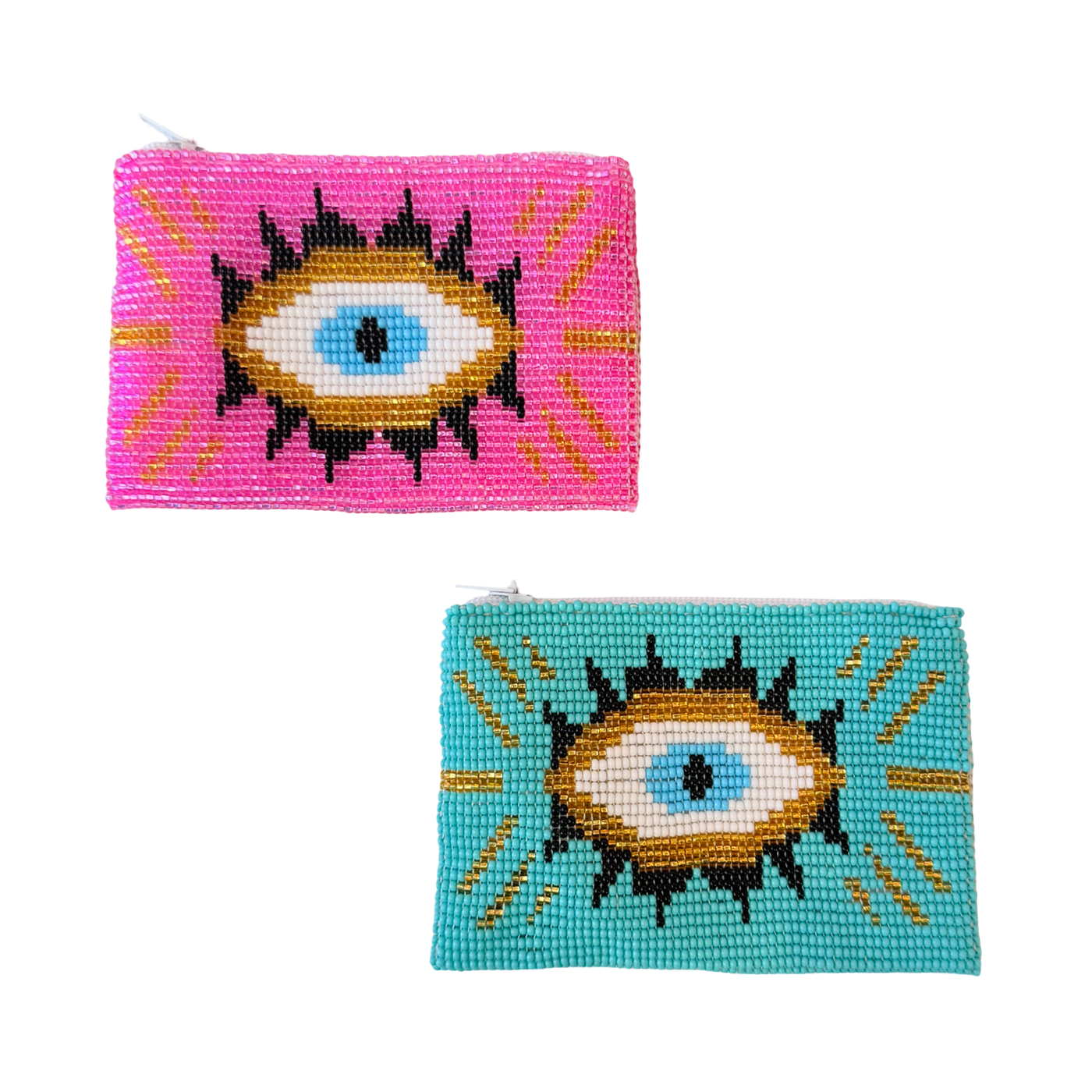 Two small pouches with eye design, one pink and one blue, on a white background.