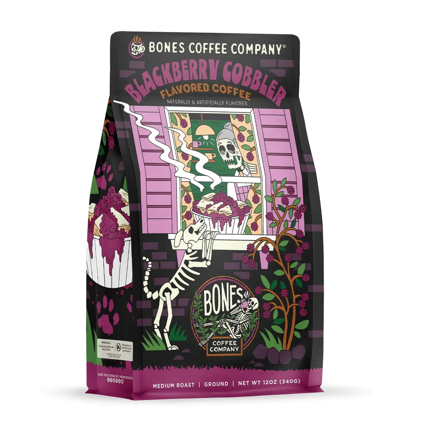 Bones Coffee Company Blackberry Cobbler bag of ground coffee, featuring colorful artwork with skeletons, blackberry cobbler desserts, and a purple and black design.