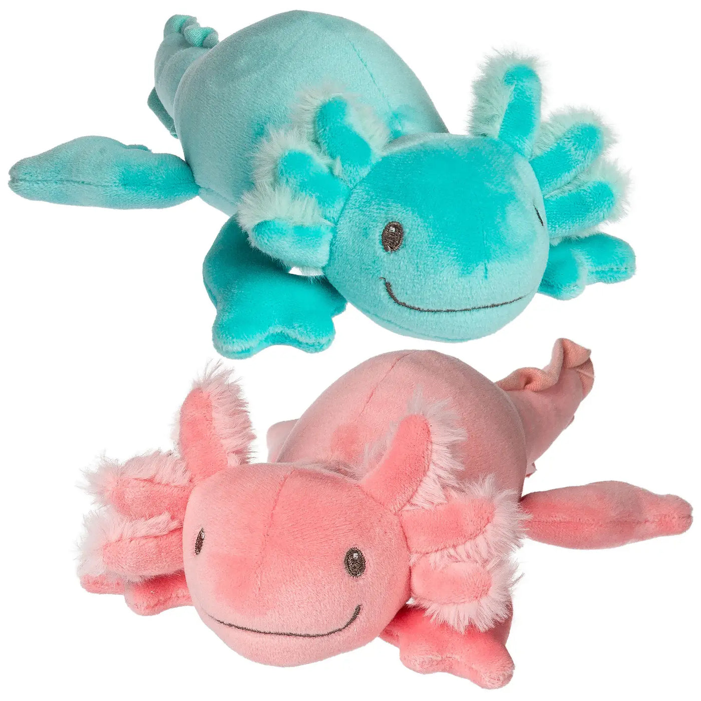 Two axolotl plush toys—one aqua and one pink—with fuzzy gills and embroidered smiling faces, shown on a white background.