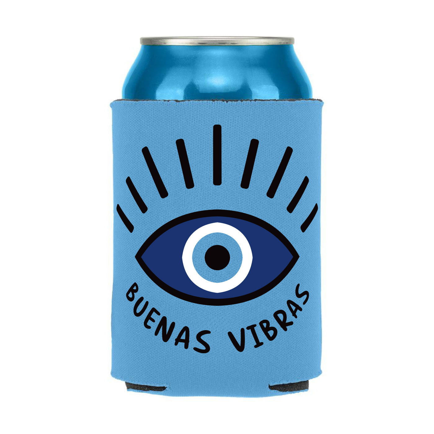 Light blue can cooler with an image of an eye with lashes and the phrase Buenas Vibras in black lettering