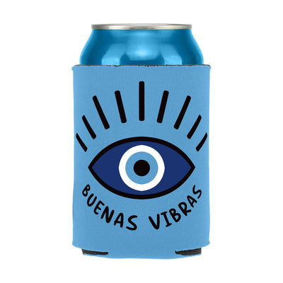 Light blue can cooler with an image of an eye with lashes and the phrase Buenas Vibras in black lettering