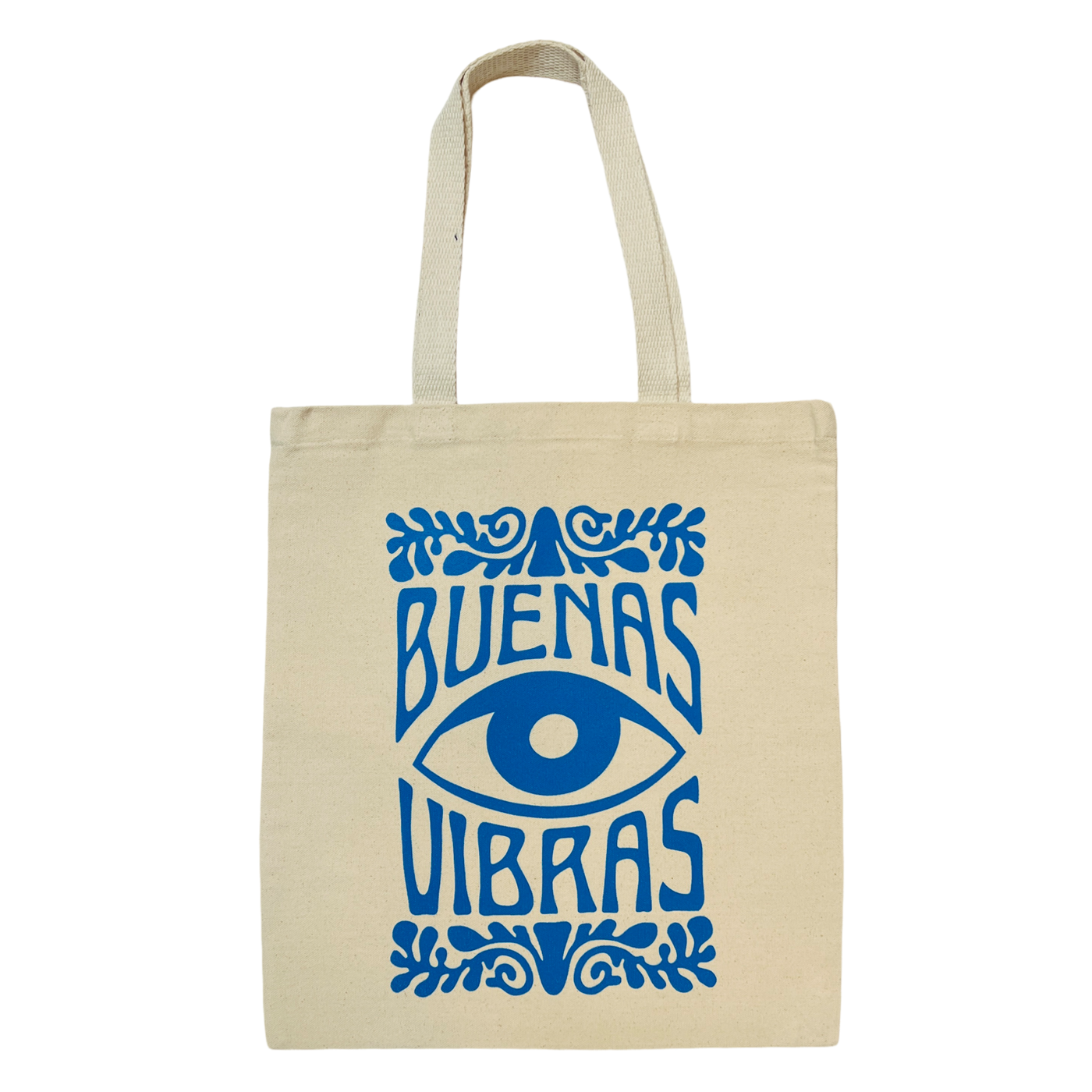 Beige tote bag with blue 'Buenas Vibras' design on a white background
