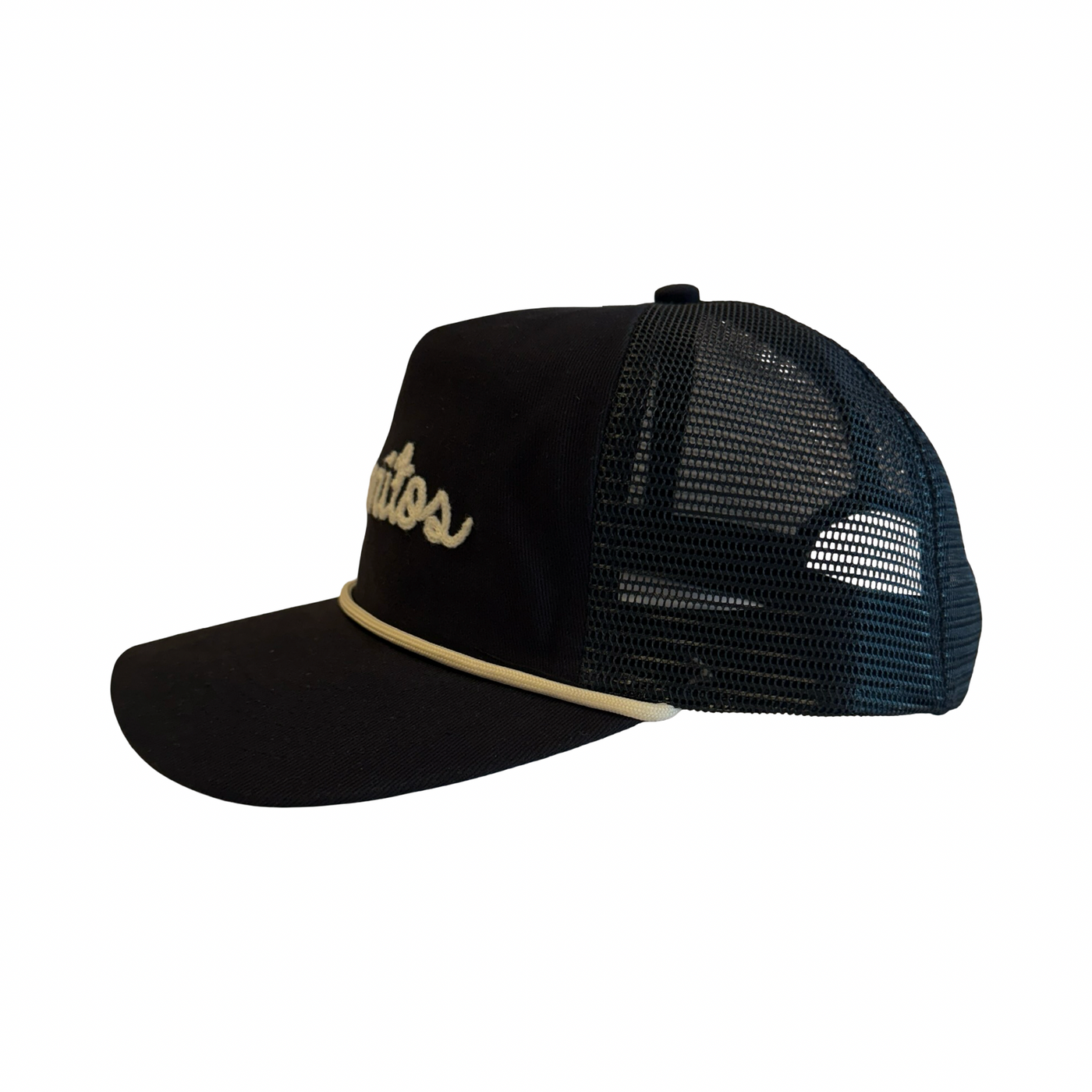 side view of a Black hat with the word “Burritos” embroidered in white script on the front.