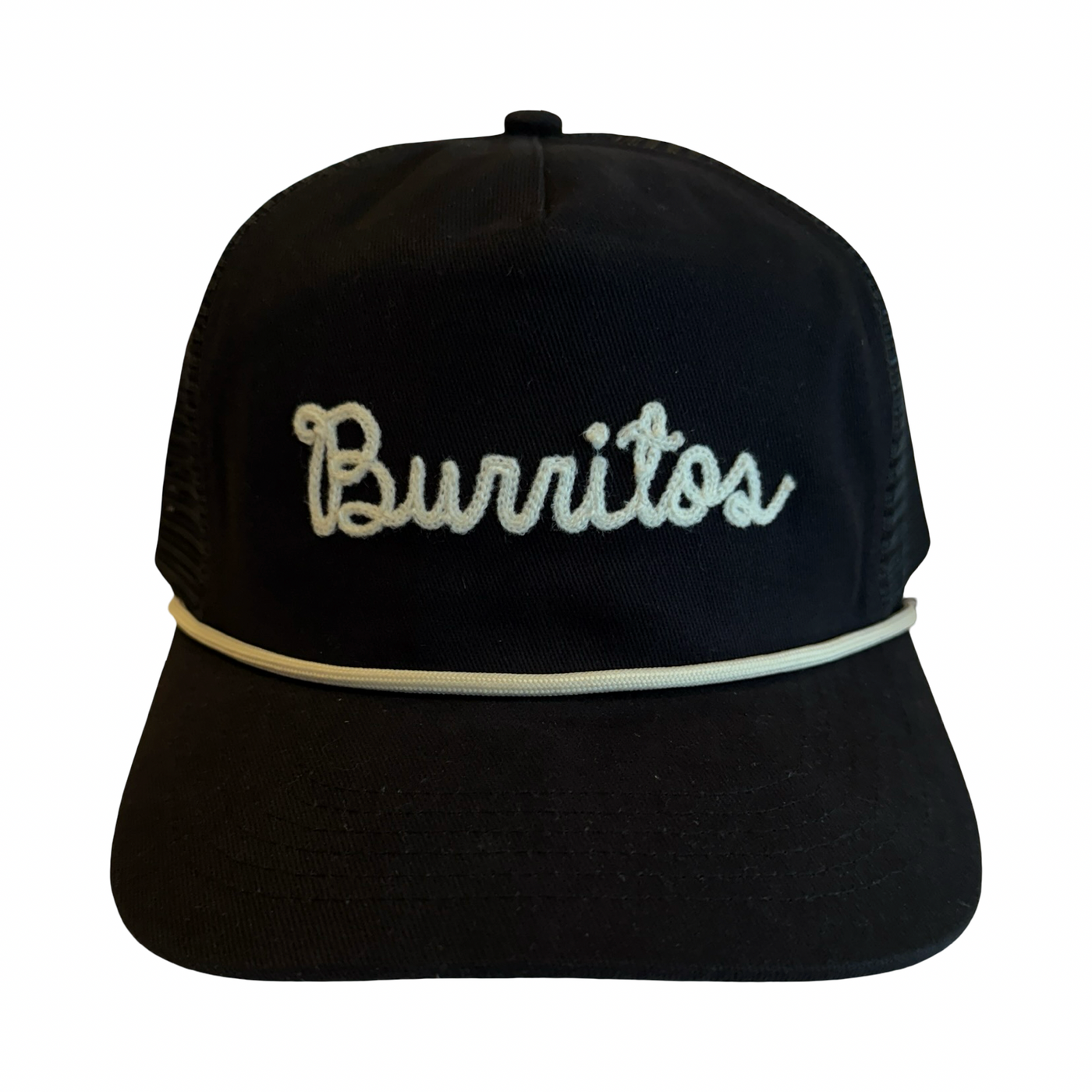 Black hat with the word “Burritos” embroidered in white script on the front.