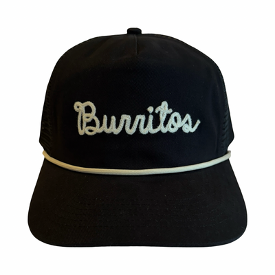 Black hat with the word “Burritos” embroidered in white script on the front.