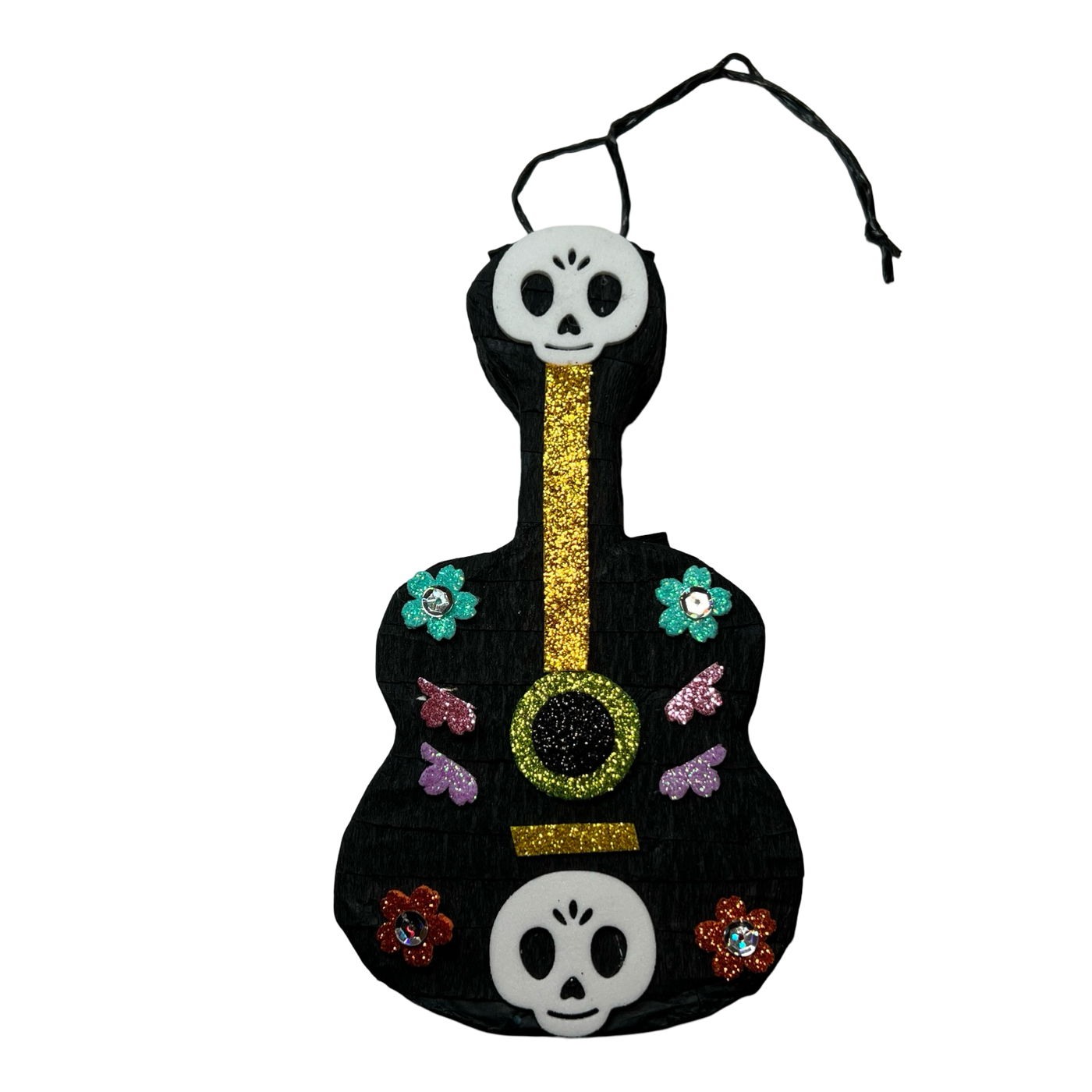 black guitar Piñata with glitter accents and two skulls.