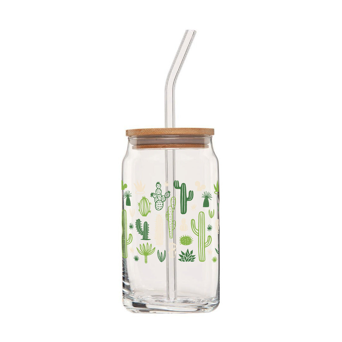 clear glass can with lid and glass straw that features a greencactus design.