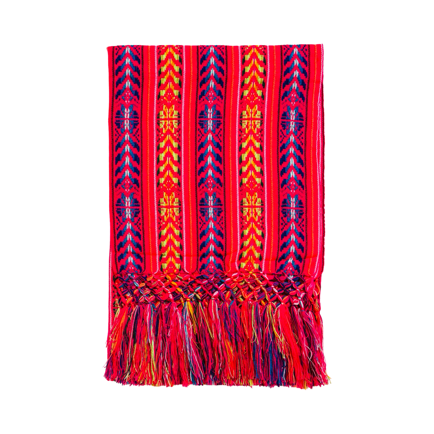Colorful woven Cambaya table runner from Mexico, featuring intricate geometric patterns in blue, yellow, and pink with multicolored fringed ends.