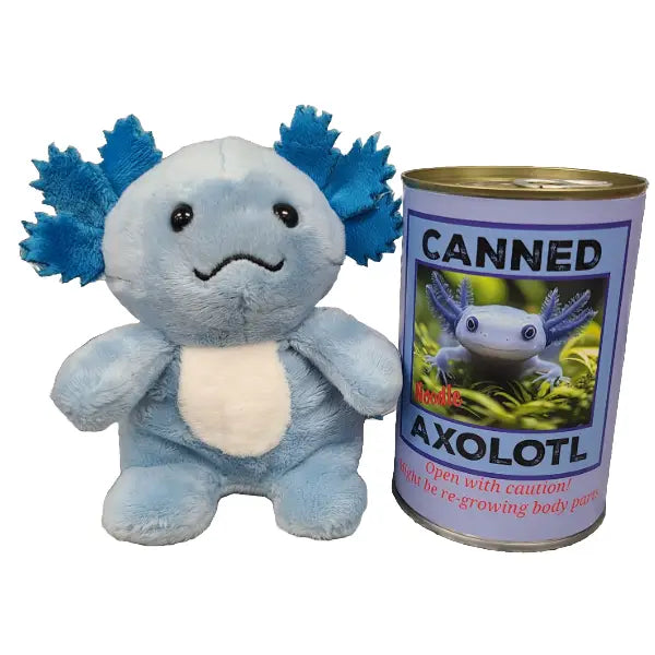 Blue Pink axolotl plush posed beside a purple novelty can labeled “Canned Axolotl—Open with caution! Might slither away!”
