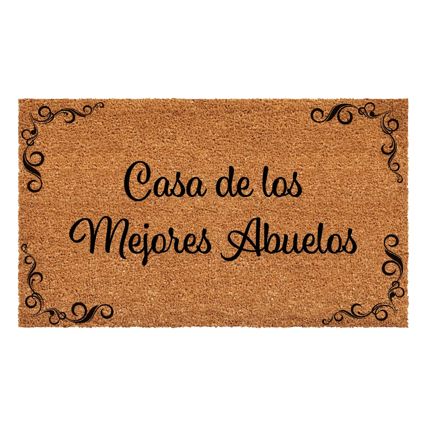 Coir doormat with decorative corner designs and the phrase “Casa de los Mejores Abuelos” printed in black script.